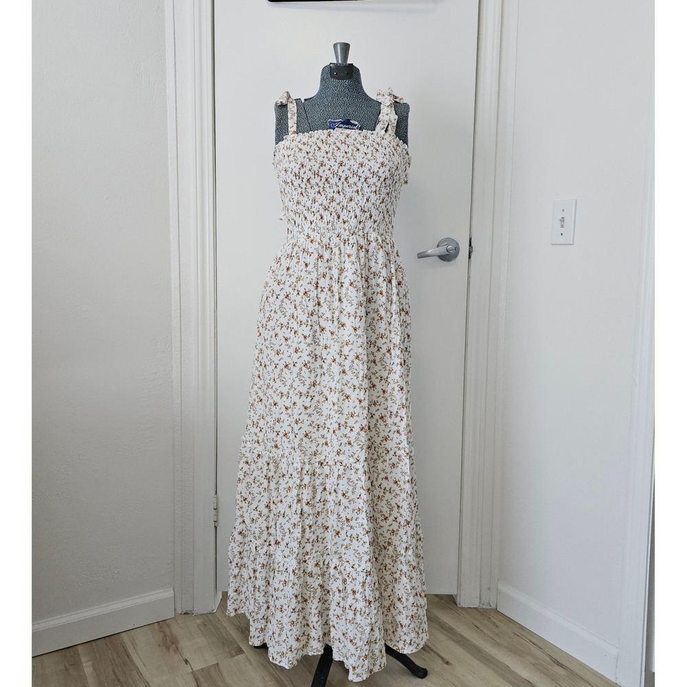 Dress Forum NWT Floral Smocked Maxi Dress Sz S Tie Shoulder Prairie Cottage Boho